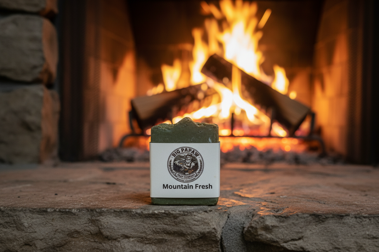 Close up Mountain Fresh Soap on fireplace mantle