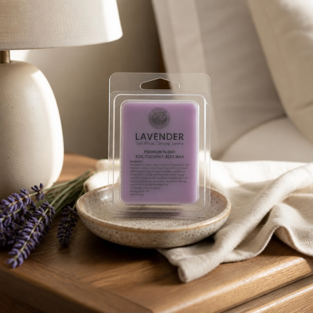 Country Candles lavender wax melt package on a dish, label spelled Lavender
