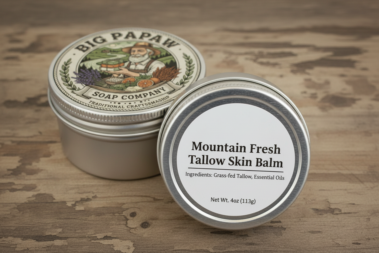 Natural silver tins with logo and label - side view