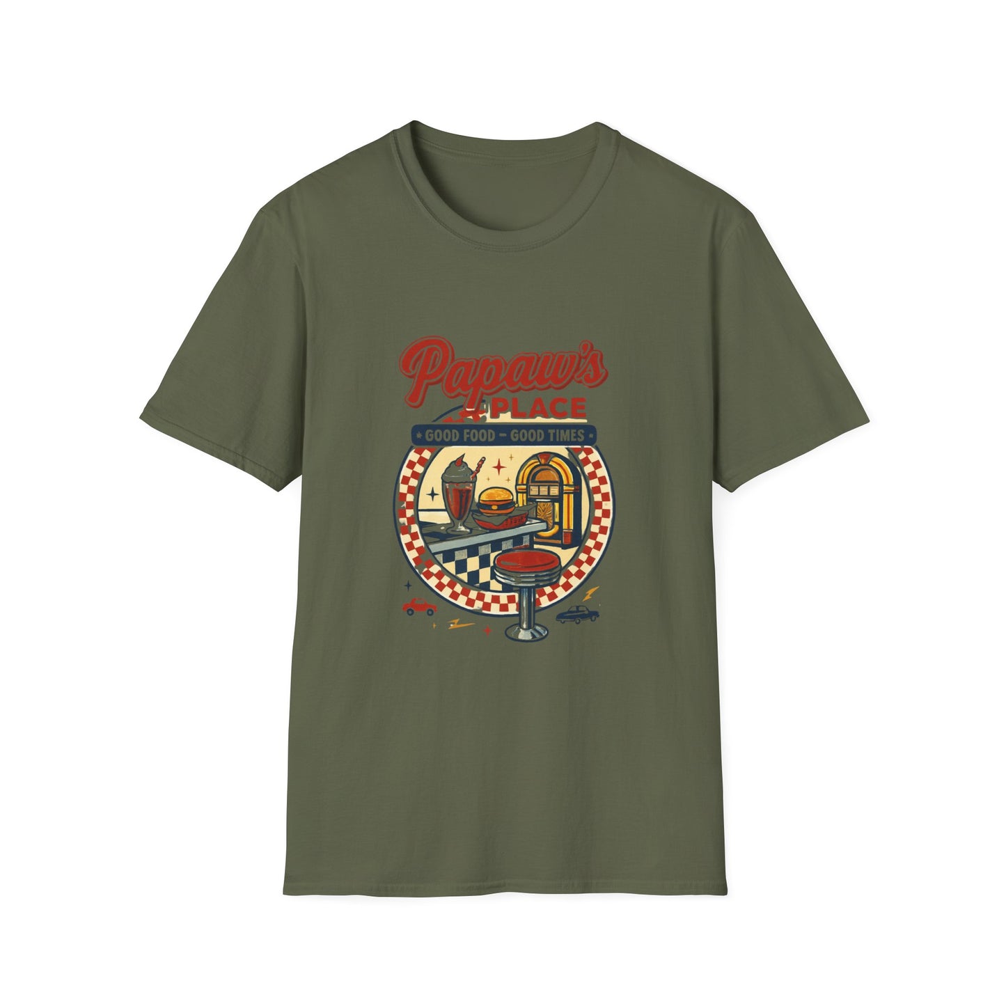 Papaw's Place Diner Scene T-Shirt | Retro Soda Fountain, Burger Counter
