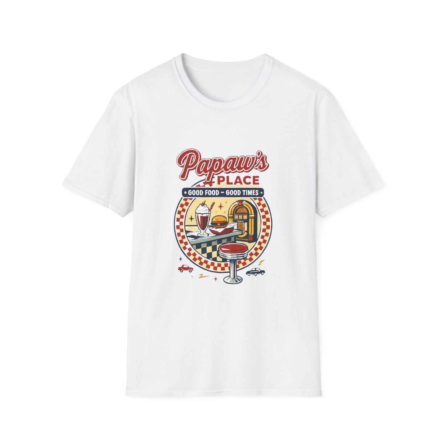 Papaw's Place Diner Scene T-Shirt | Retro Soda Fountain, Burger Counter
