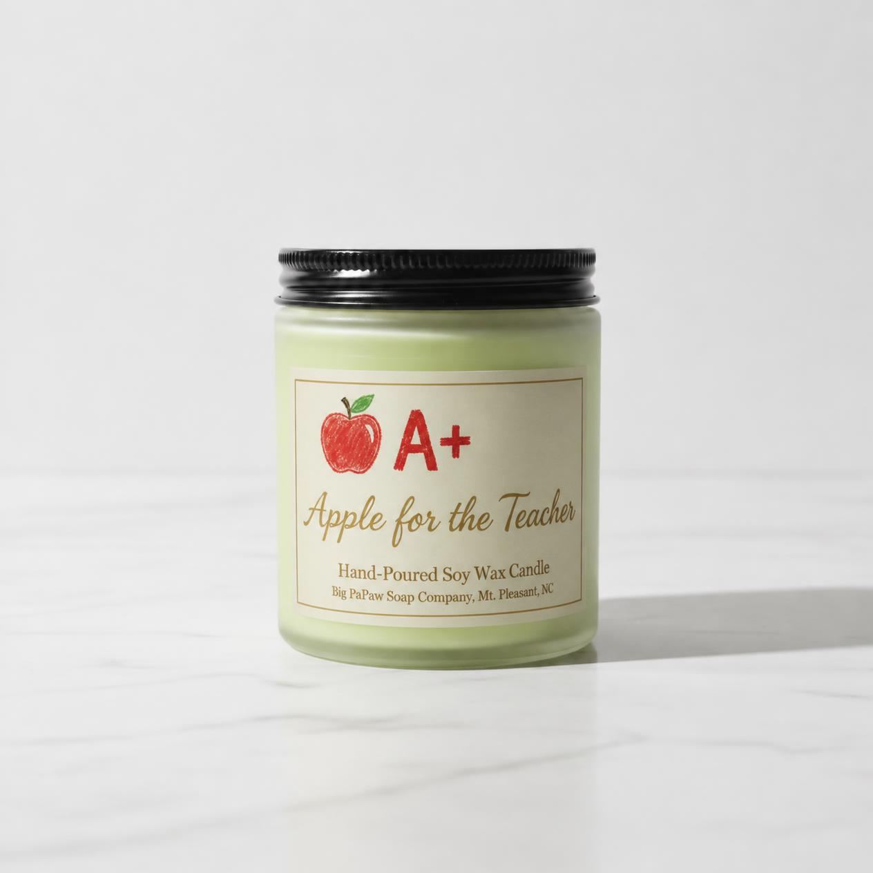 Apple for the Teacher candle in light green soy wax with cream label