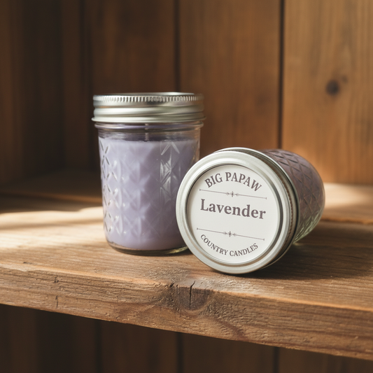 Big Papaw Lavender Candles - Upright and On Side