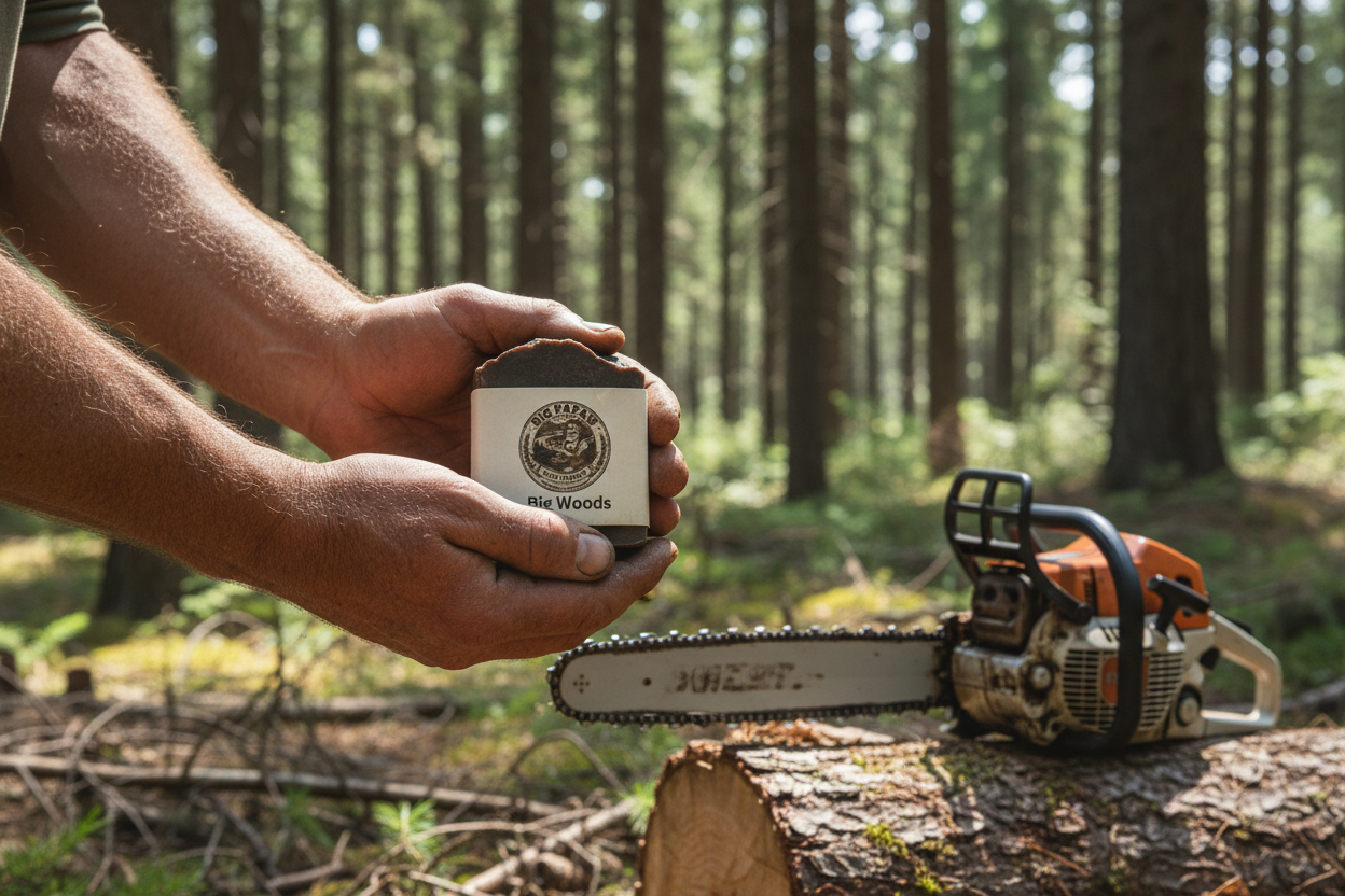 Big Woods Tallow Soap in rough hands near chainsaw