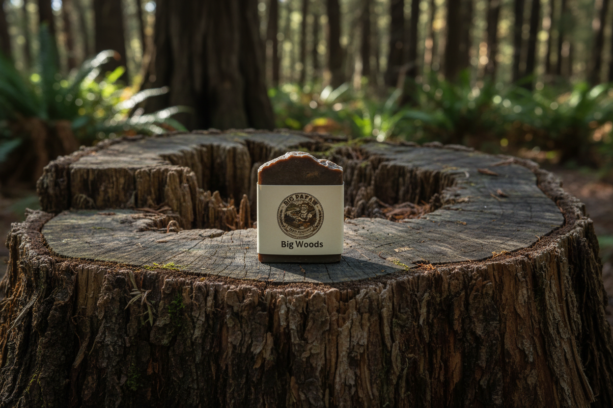 Big Woods Tallow Soap on cedar cypress stump