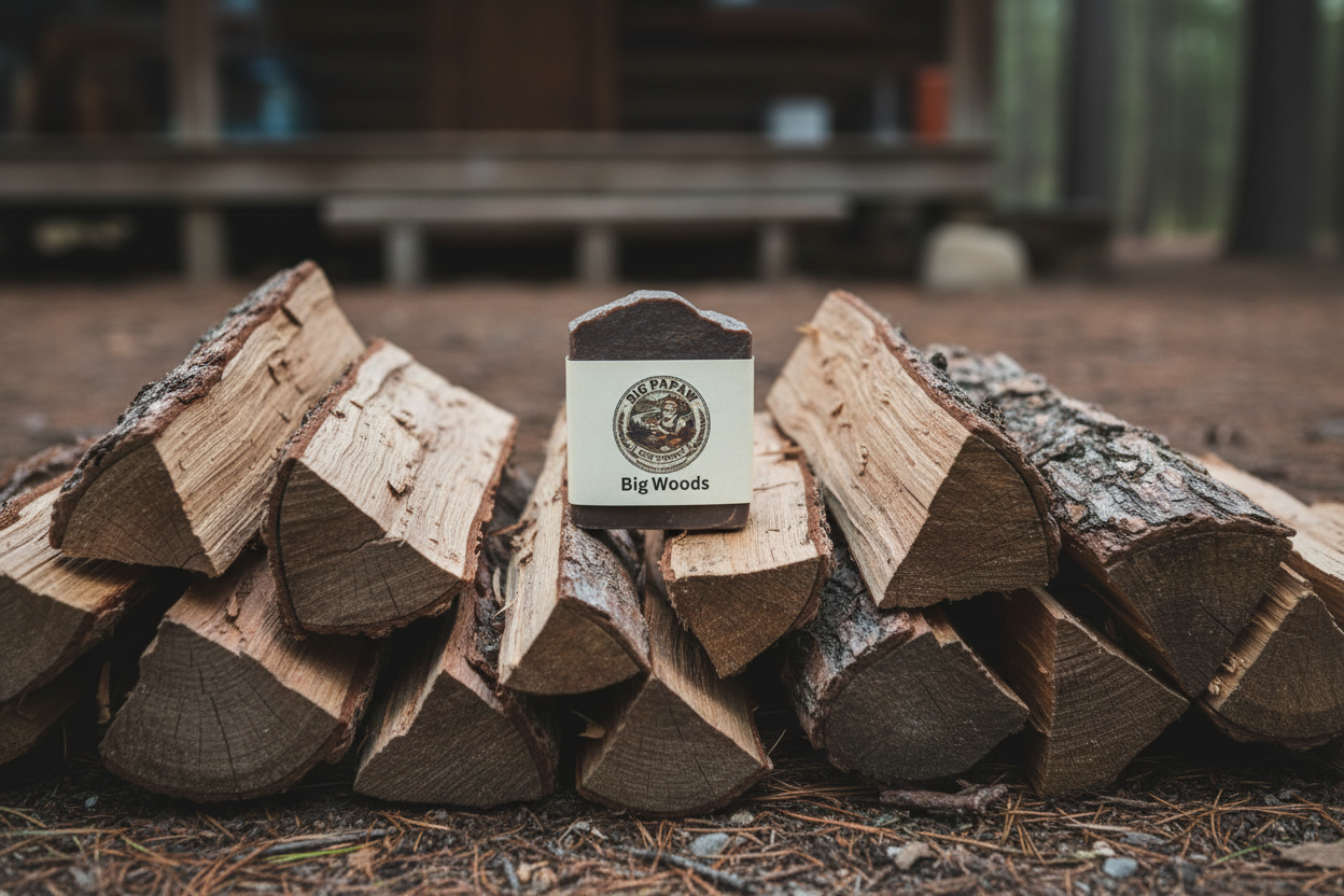 Big Woods Tallow Soap on stacked firewood