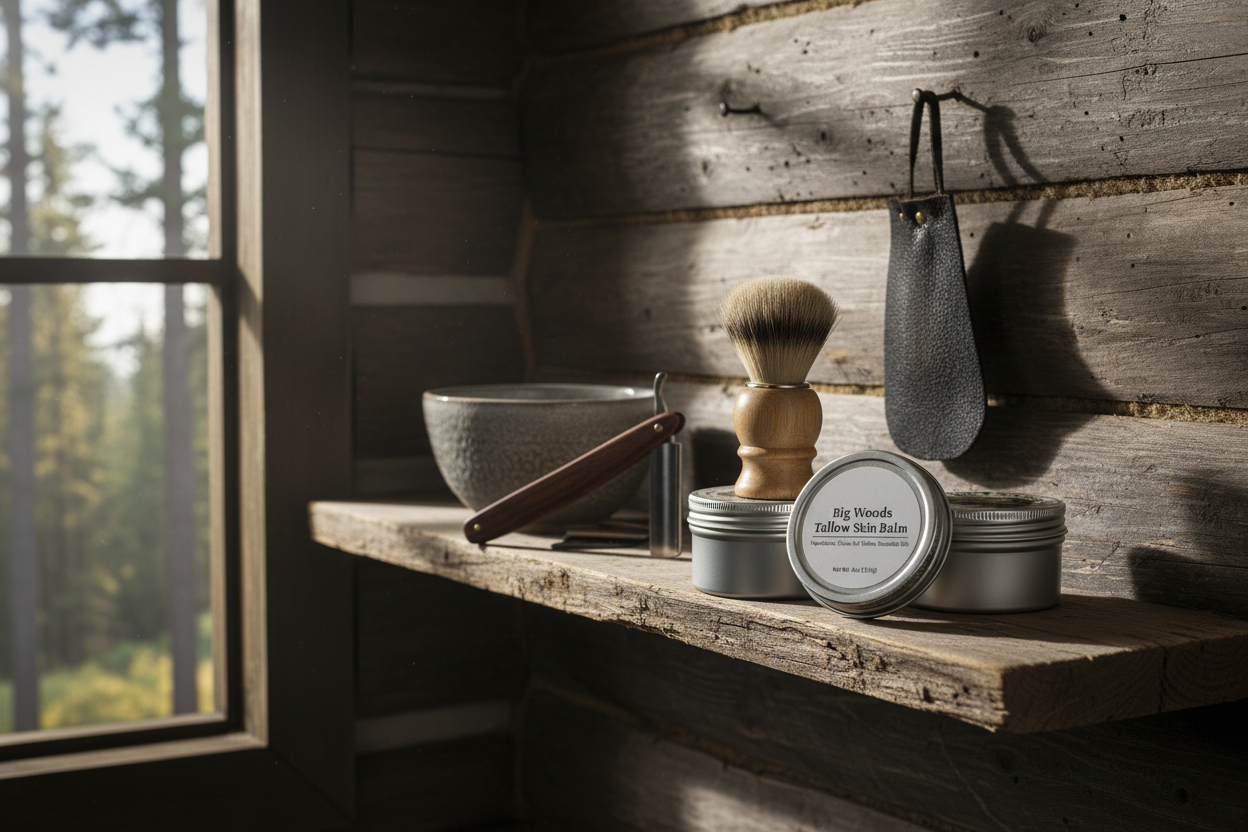 Big Woods tins on reclaimed wood shelf in cabin