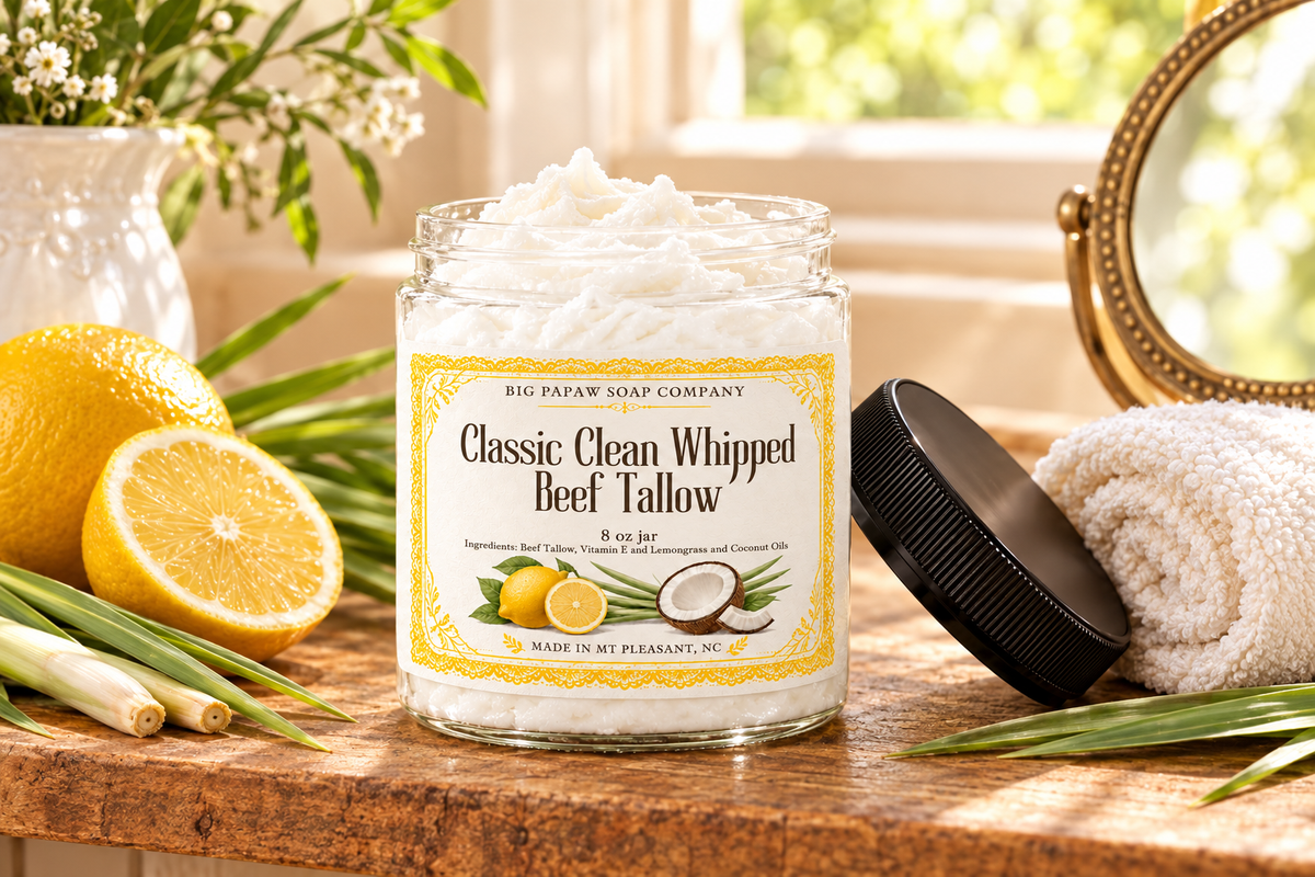 Classic Clean open jar on rustic bathroom shelf