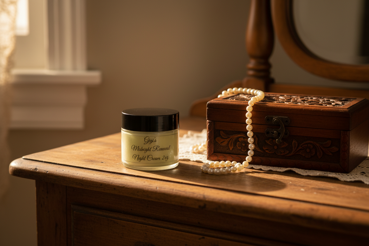 Gigi's Midnight Renewal Night Cream beside vintage jewelry box