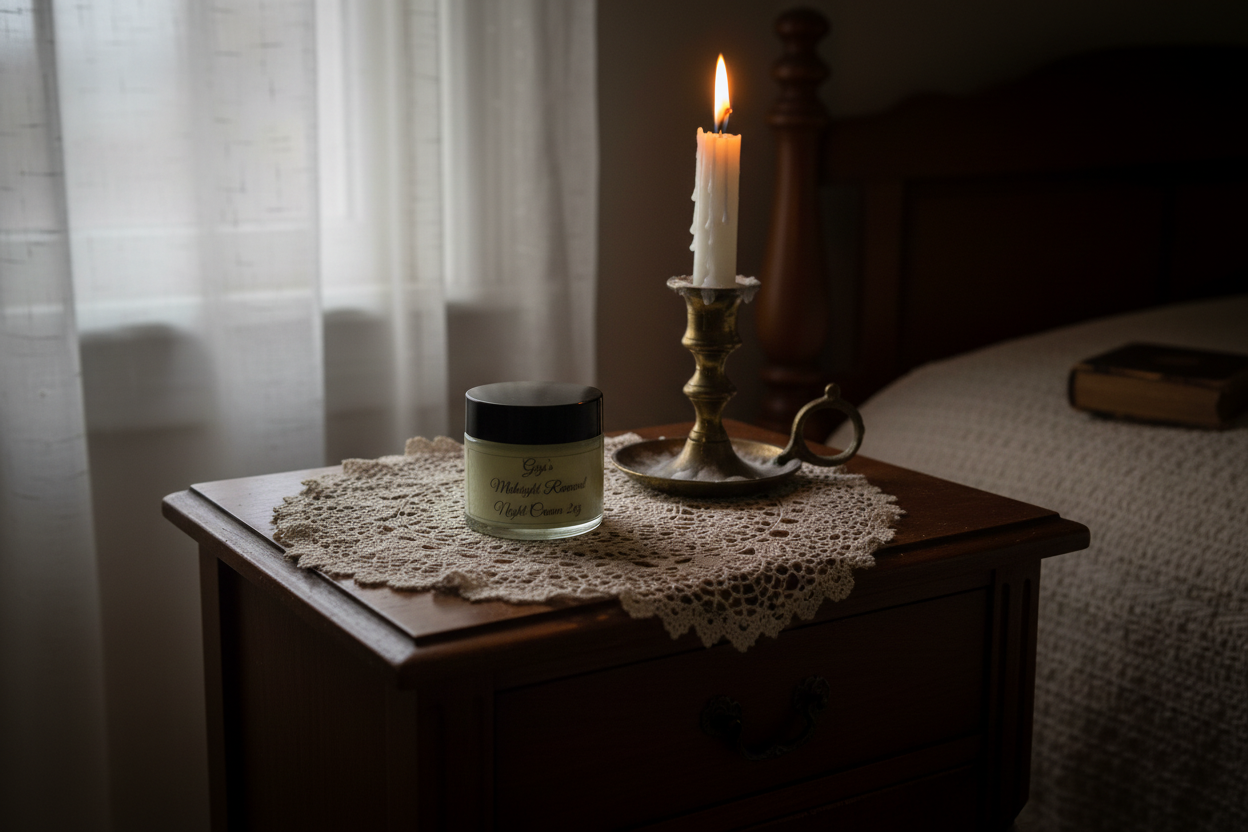 Gigi's Midnight Renewal Night Cream on moonlit vintage nightstand