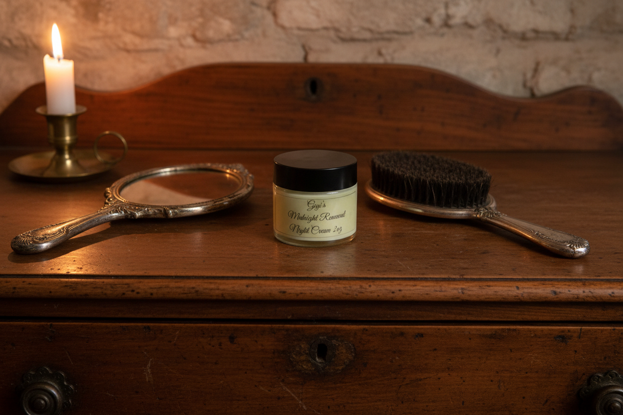 Gigi's Midnight Renewal Night Cream on antique dresser with mirror and hairbrush