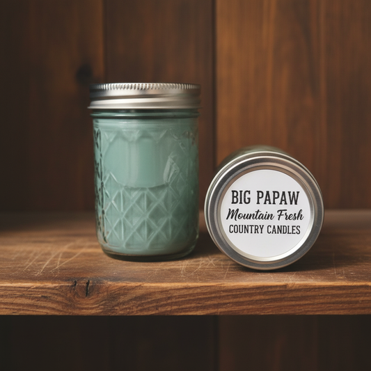 Big Papaw Mountain Fresh Country Candle in quilted mason jar on aged wood shelf