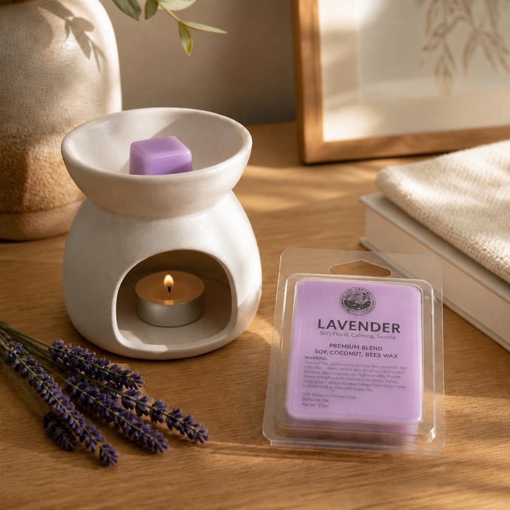 Country Candles lavender wax melt in a warmer setting, label spelled Lavender