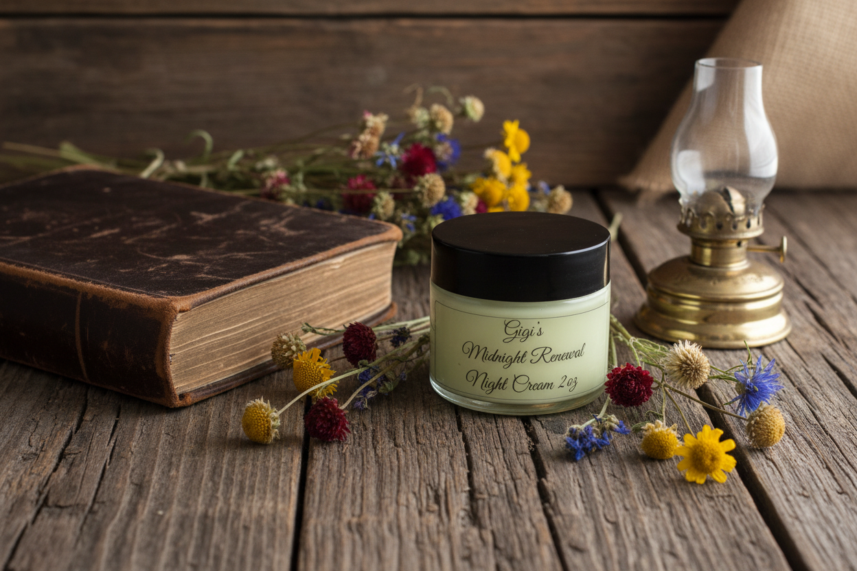 Gigi's Midnight Renewal Night Cream farmhouse flatlay with wildflowers and lantern