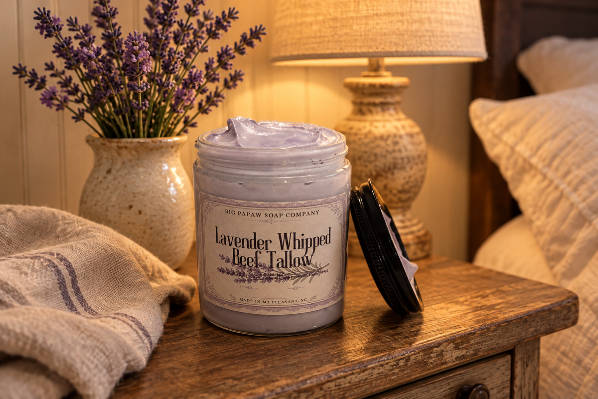 Lavender tallow on a cozy farmhouse nightstand