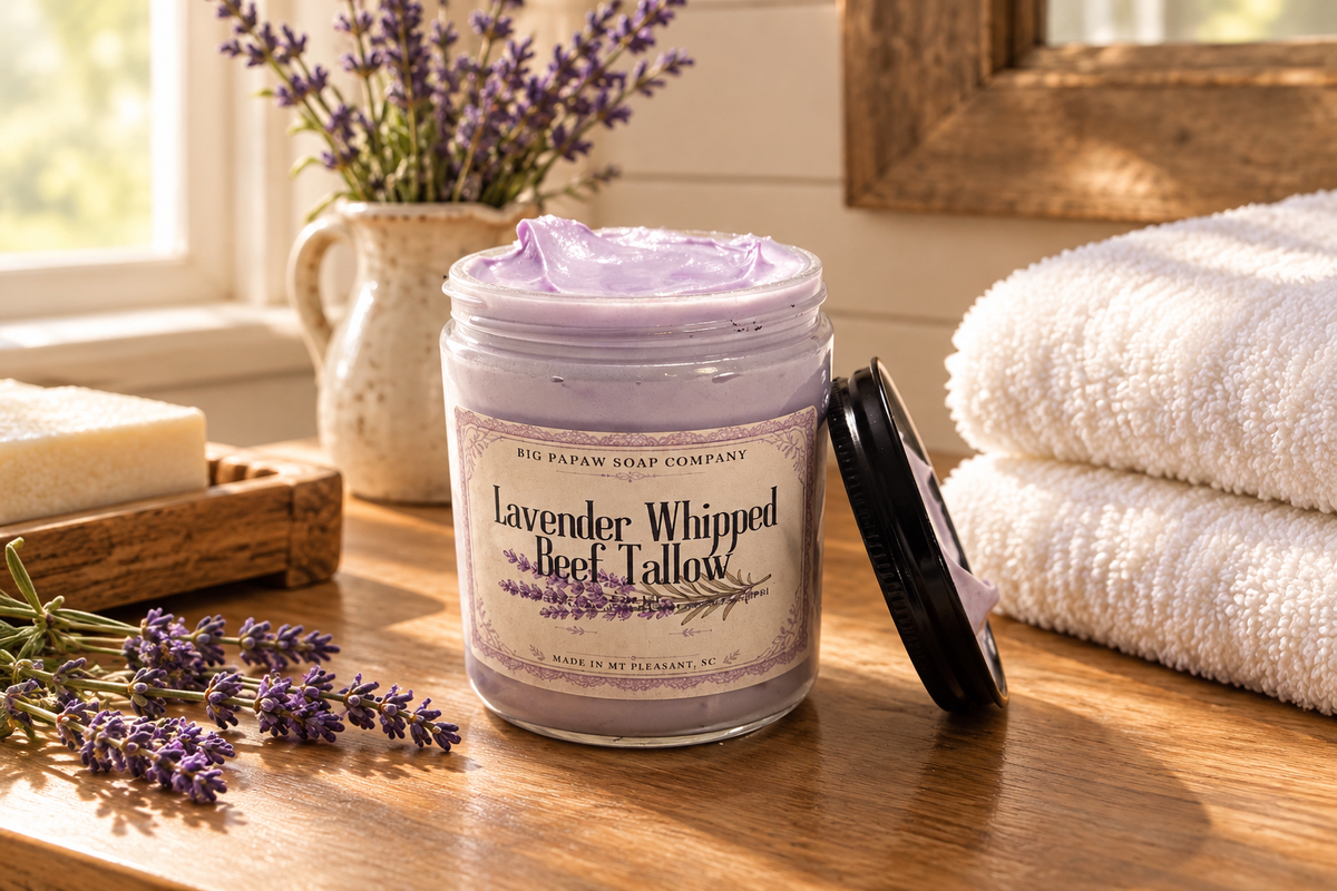 Lavender tallow on a farmhouse bathroom vanity