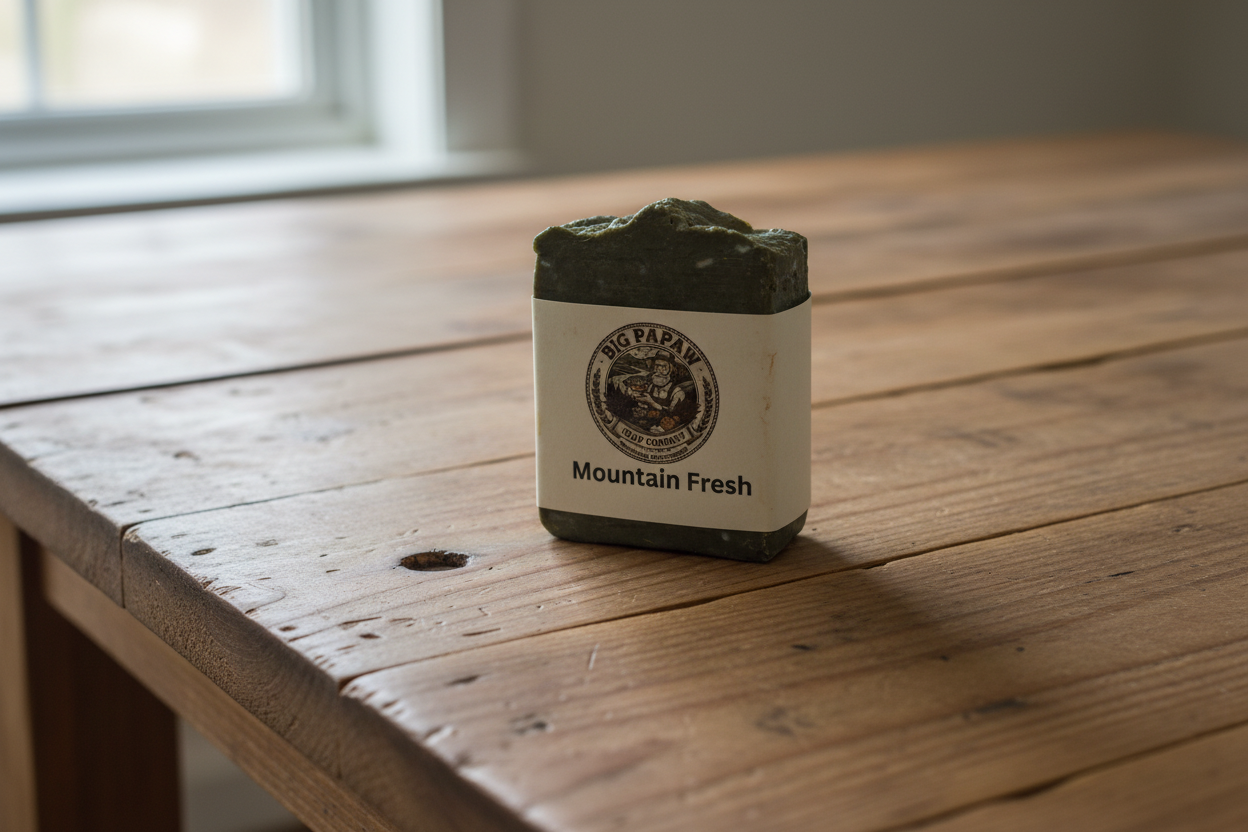 Mountain Fresh Tallow Soap on rustic kitchen table