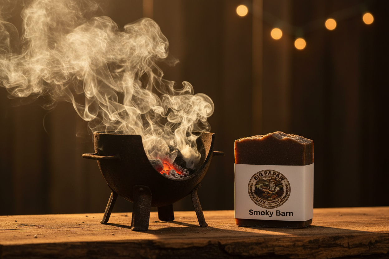 Smoky Barn Soap next to smoking BBQ pit