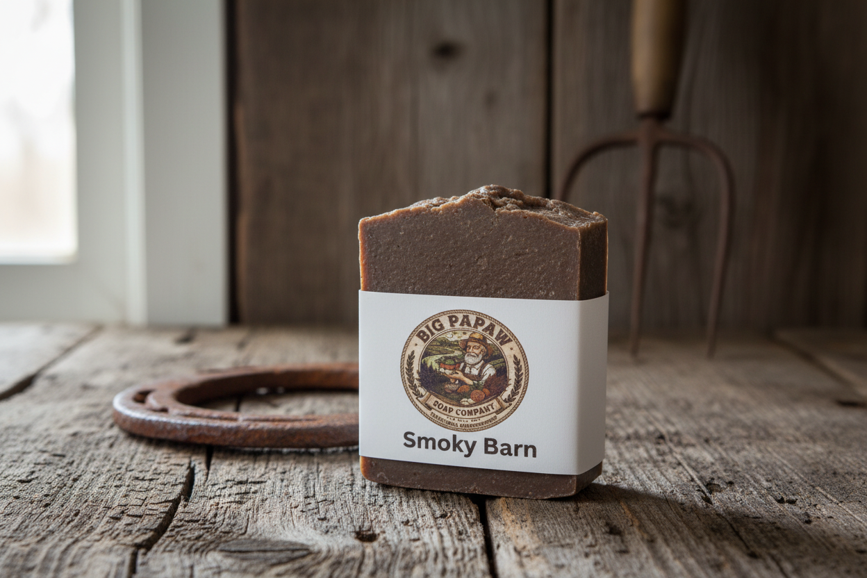 Smoky Barn Soap on barn wood with farm tools