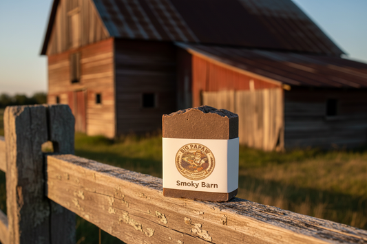 Smoky Barn Soap on fence rail with barn