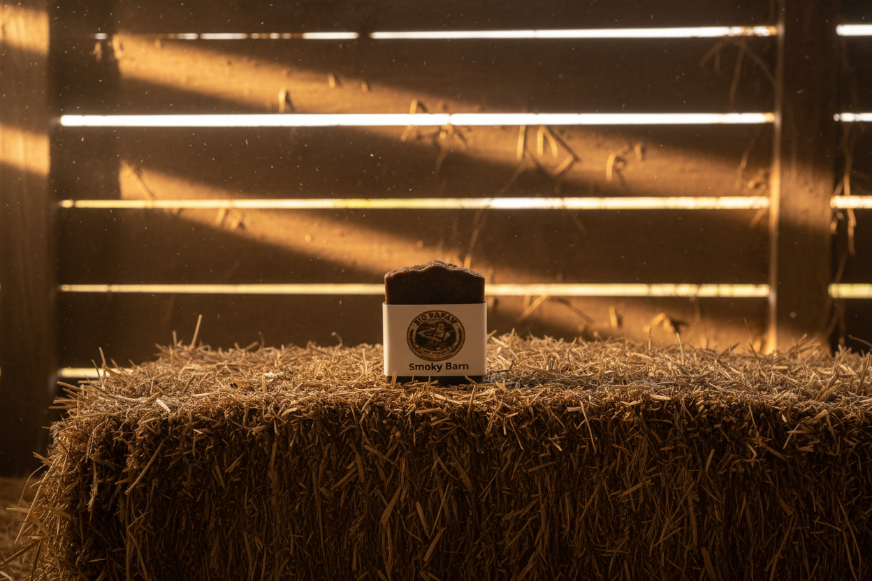 Smoky Barn Soap on hay bale in barn