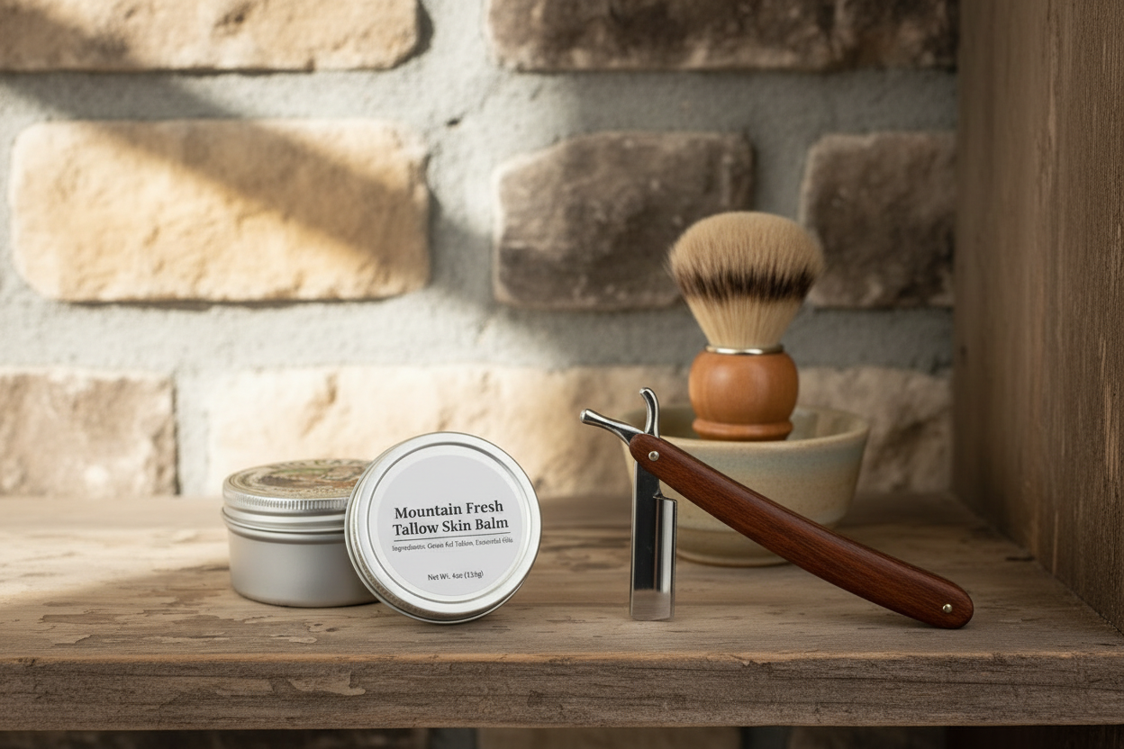 Tins on reclaimed wood shelf with razor and brush