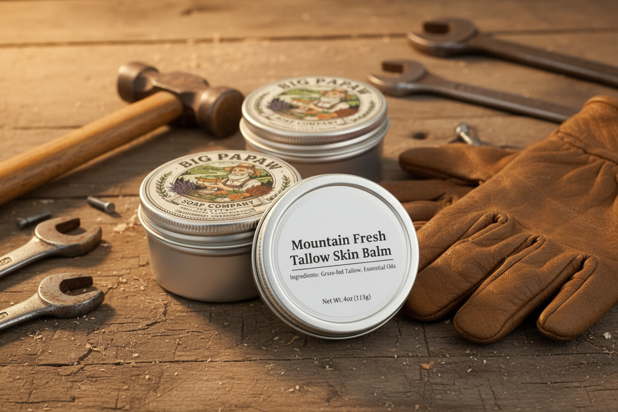 Tins on workbench with leather gloves